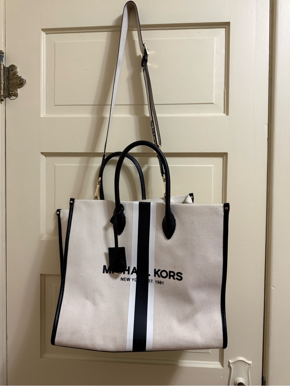 Michael Kors Mirella Canvas Tote in Cream with Black Stripe